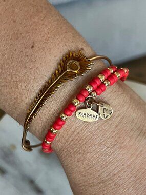 Alex & Ani Vintage Sixty Six Gold Feather Charm Bangle & Red Beaded Bracelet Set